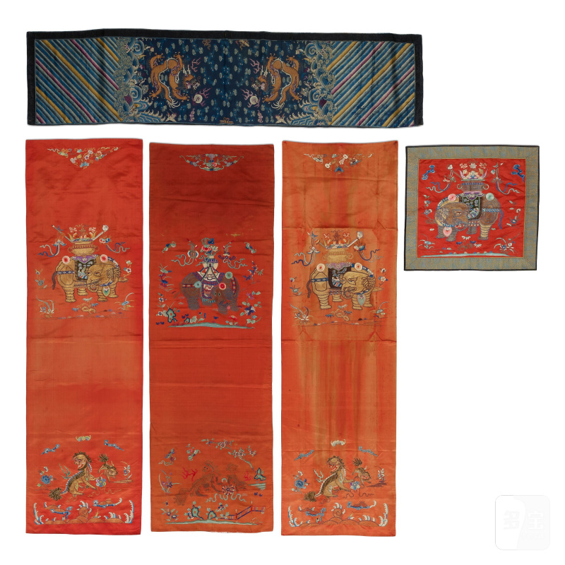 晚清 絲錦繡片及椅披一組五件 | A GROUP OF FIVE EMBROIDERED SILK TEXTILE ACCESSORIES